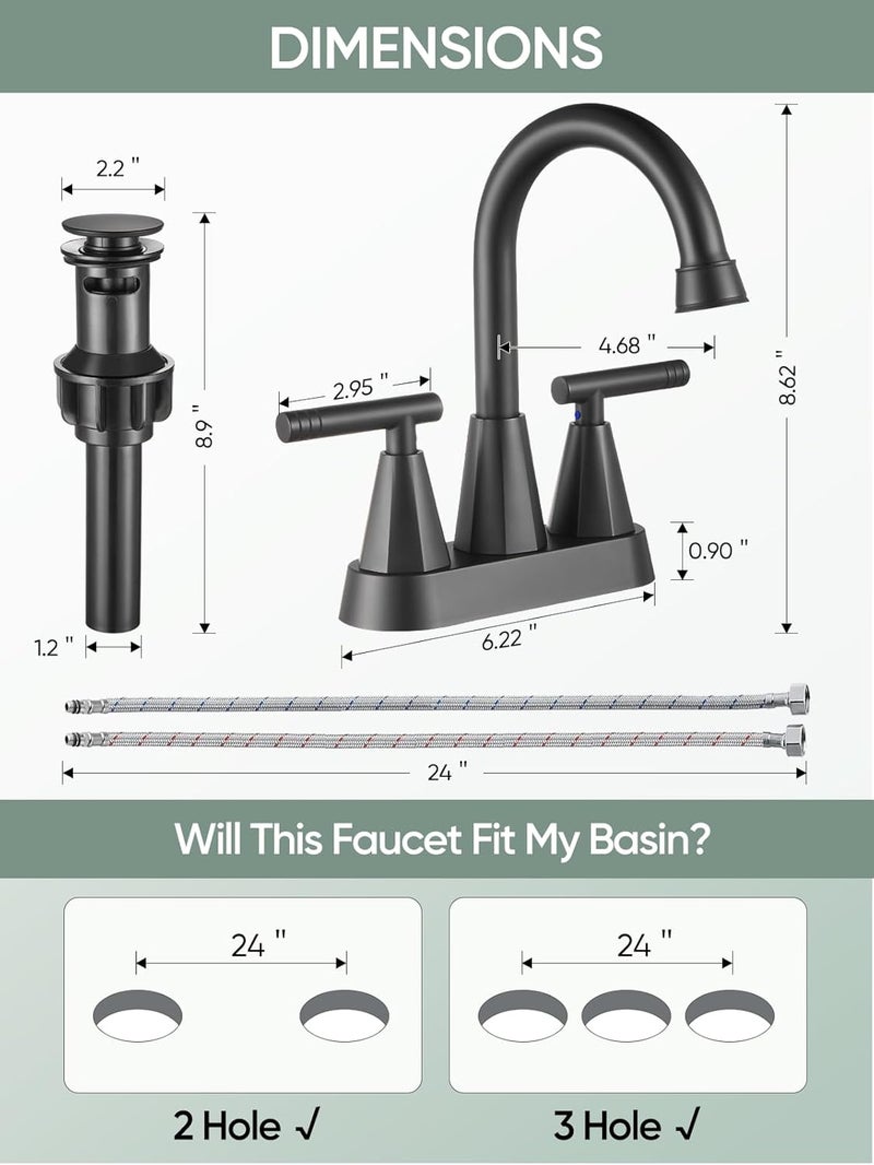 Cobbe Bathroom Faucets for Sink 3 Hole, 4 Inch with Pop Up Drain and 2 Supply Hoses, 2 Handle Centerset Bathroom Faucet for Sink Vanity, Midnight Black Matte - Image 4
